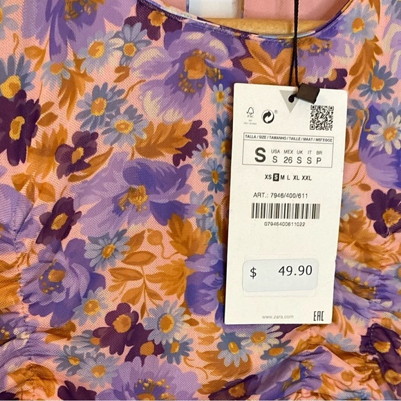 NWT Zara Size S Floral Ruched Mesh Short Sleeve Dress - Picture 2 of 8